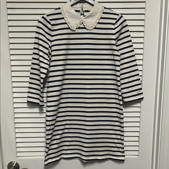 kate spade Dresses & Skirts - Kate Spade Navy and Cream Long Sleeve Striped Cotton Dress with Ruffle Collar